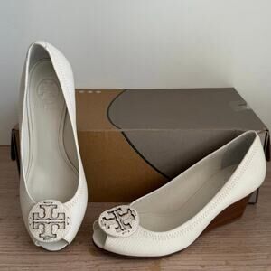 Tory Burch Peep Toe Nappa Leather Cream Wedge Heels - Size 6.5